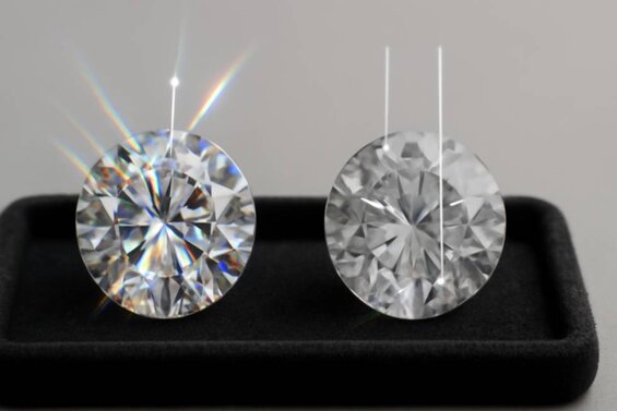 Image: Diamond Light Performance Comparison - Split view showing brilliant vs poorly cut lab diamonds with light path visualization demonstrating sparkle differences