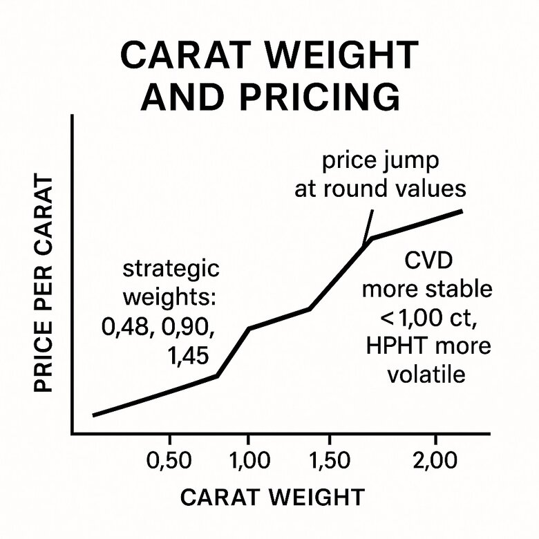 Image: Visual Size Comparison Chart - Shows actual visual differences between 0.90ct vs 1.00ct and 1.40ct vs 1.50ct diamonds to demonstrate minimal appearance changes despite significant price gaps