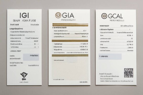 Image: Side-by-Side Grading Report Examples - Shows actual IGI, GIA, and GCAL certificates highlighting blue nuance notation differences and Type IIb classifications
