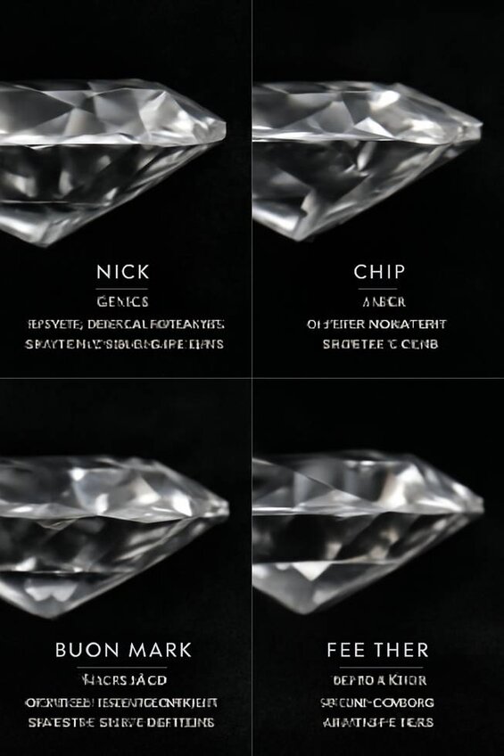 Image: Common Girdle Defects Visual Reference Guide - High-magnification photographs showing nicks, chips, burn marks, feather inclusions, and thickness irregularities with severity ratings and impact on diamond value
