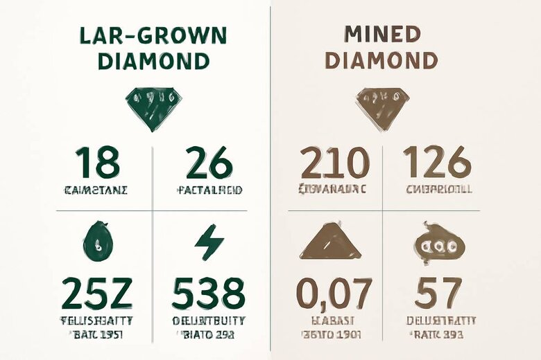 Infographic: Environmental Impact Comparison Lab vs Mined Diamonds - Visual breakdown of water usage, energy consumption, land displacement, and carbon emissions per carat with clear numerical differences