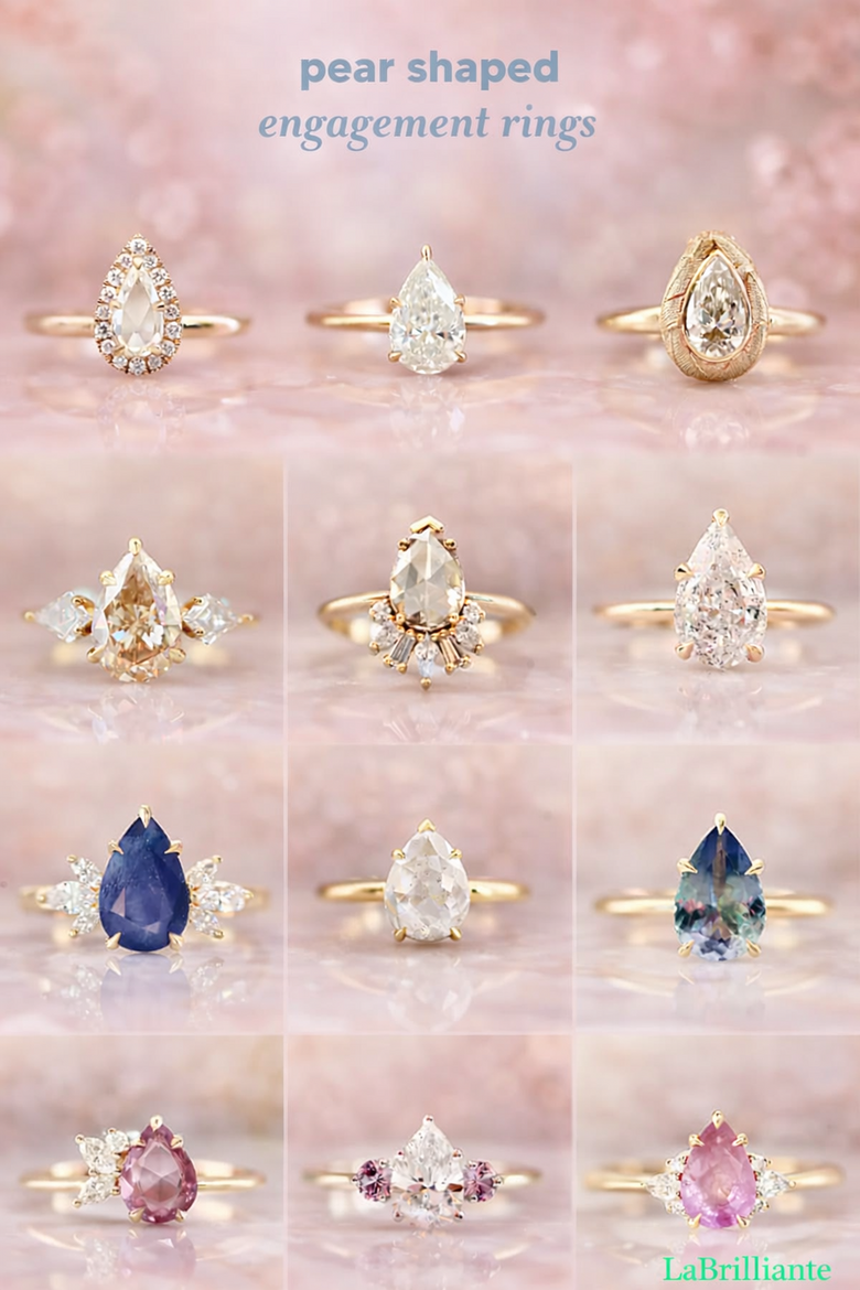 Pear Diamond Facet Pattern Diagram - Detailed illustration showing all 58 facets labeled (crown mains, pavilion mains, star facets, upper/lower girdles) with optimal angle measurements annotated, helping buyers understand what creates brilliance