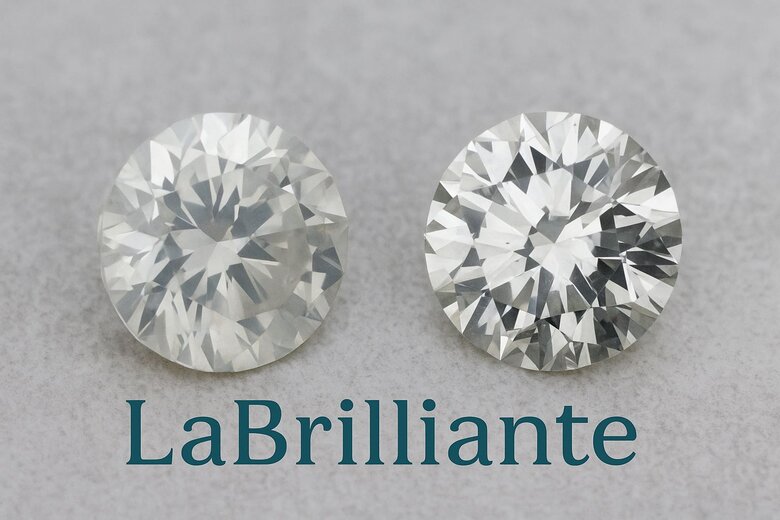 Image: Split-screen comparison of clear lab diamond versus cloudy natural diamond under magnification showing internal structure differences - Demonstrates superior clarity control in laboratory growth environments