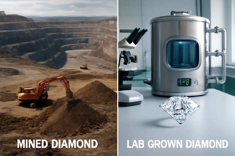 Image: Environmental Impact Visualization - Clear visual showing the dramatic difference between mining disruption and lab production footprint