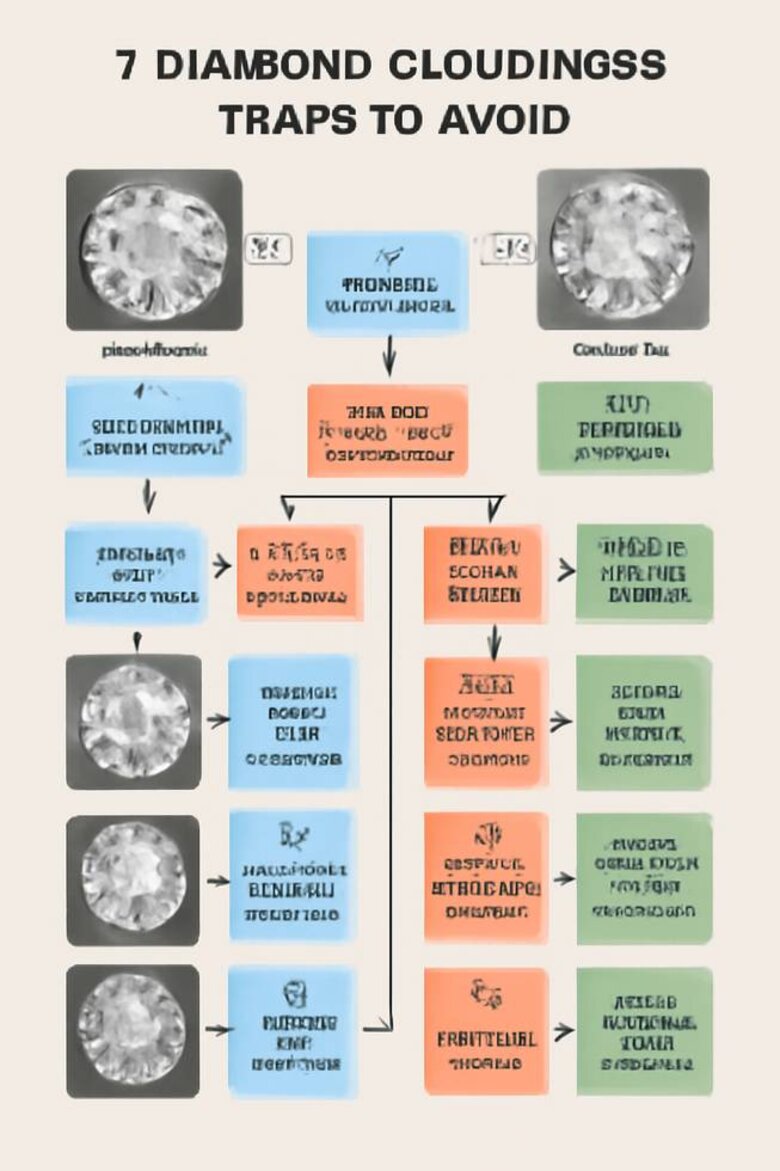 Infographic: Visual guide showing 7 cloudy diamond traps with identification photos, warning signs, inspection methods, and avoidance strategies arranged in decision-tree format - Enables buyers to systematically avoid cloudiness issues during selection process