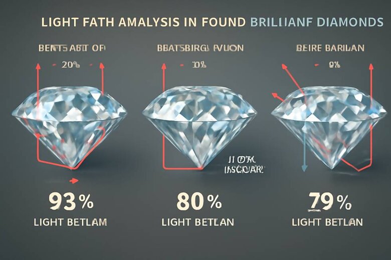 Infographic: Light Path Analysis in Ideal vs. Poor Cut Round Brilliants - Three side-by-side ray-tracing diagrams showing light behavior in Excellent cut (34.5° crown, 40.75° pavilion), shallow pavilion (38° causing bottom leakage), and steep pavilion (43° causing side leakage) with percentage light return quantified for each scenario - Proves why proportion specifications matter for brilliance