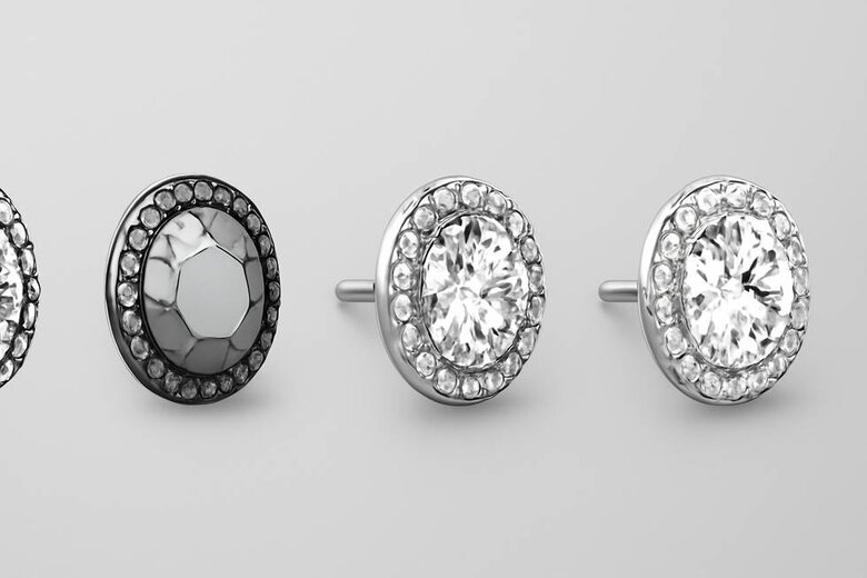 Image: Step-by-Step 3D Diamond Earring Customization Process - Visual guide showing the progression from basic wireframe to photorealistic rendering, demonstrating how each design element affects the final appearance