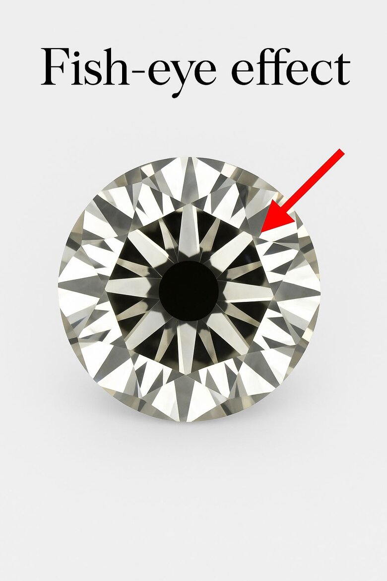 Image: Cross-section diagram showing light path comparison between ideal cut and shallow cut diamonds - Visually demonstrates why shallow cuts leak light and create dead zones, making complex physics immediately understandable