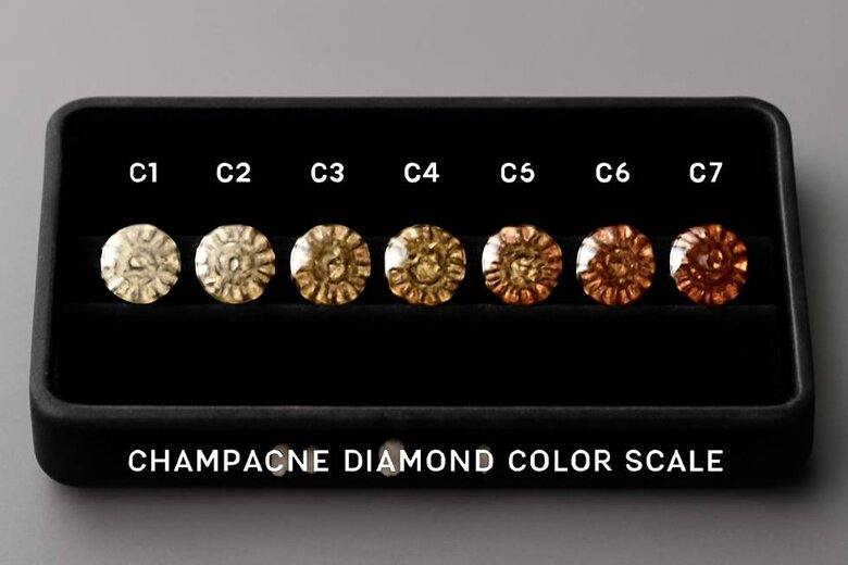 Image: C1-C7 Champagne Diamond Color Scale Visual Guide - Shows buyers exactly what each grade looks like to choose the perfect color intensity for their style and budget