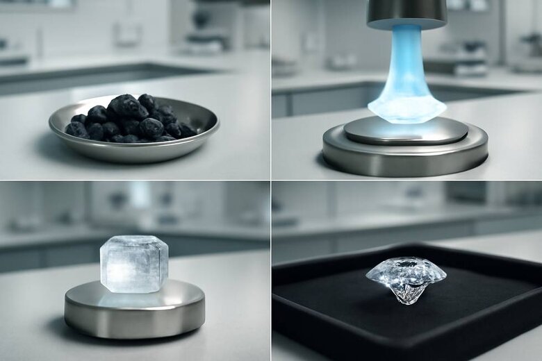 Image: CVD Diamond Production Process Visualization - Step-by-step visual showing the controlled laboratory environment where carbon transforms into brilliant radiant cut diamonds to demonstrate precision manufacturing