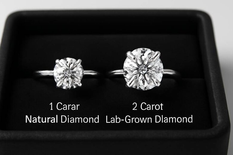 Image: Side-by-side comparison of 1-carat natural vs 2-carat lab-grown diamonds in identical settings under professional lighting - Demonstrates visual impact difference while highlighting identical brilliance and fire