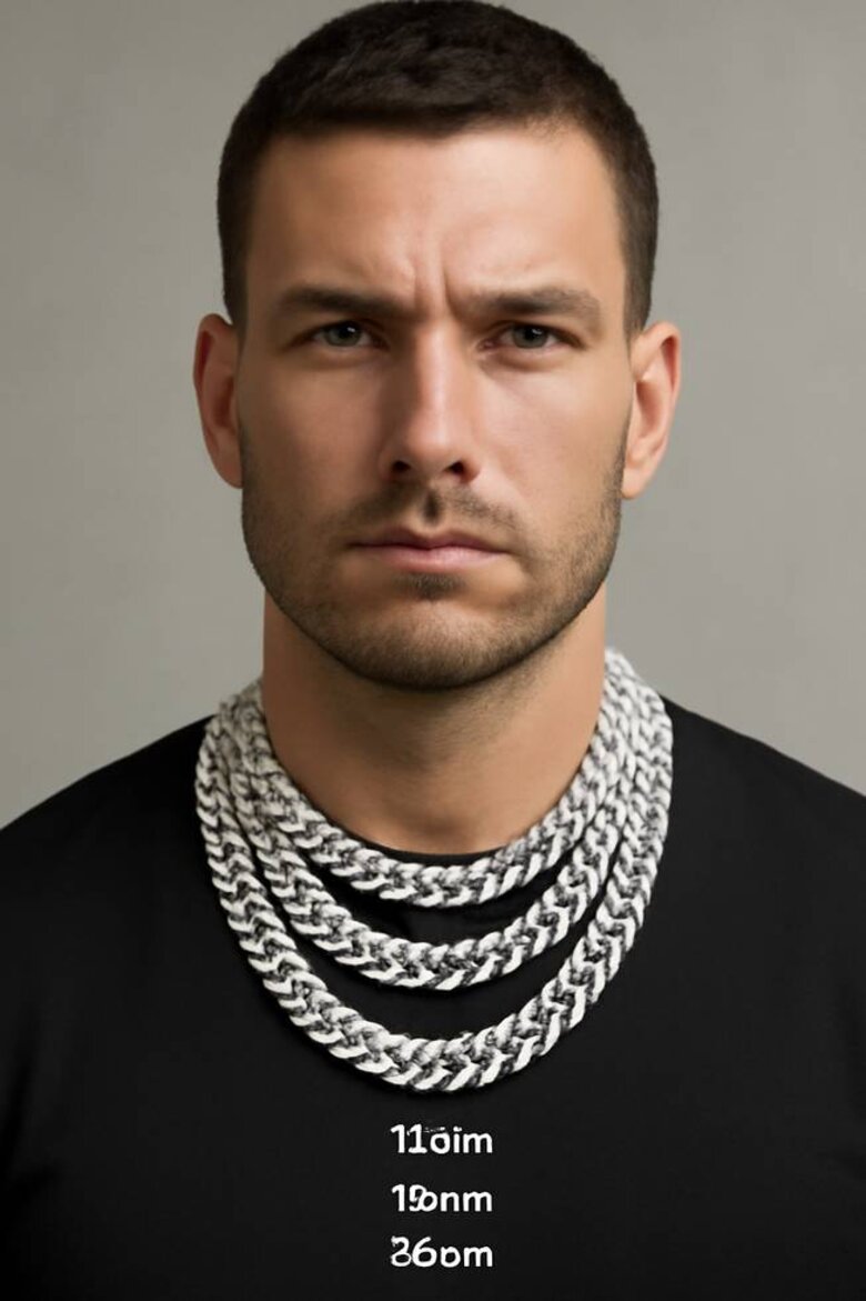 Image: Cuban chain width progression from 10mm to 20mm on model - Shows dramatic visual impact difference and helps buyers choose optimal size for their style goals