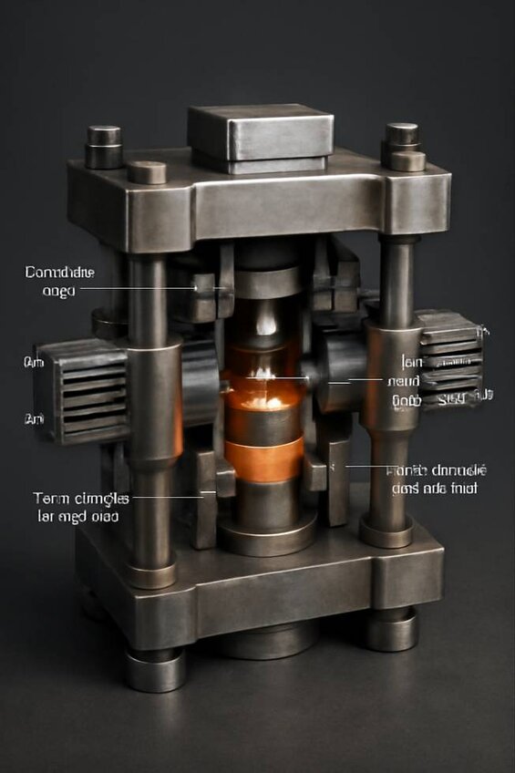 Image: HPHT Diamond Press Machine - Cutaway view showing diamond seed placement, pressure application, and temperature control systems