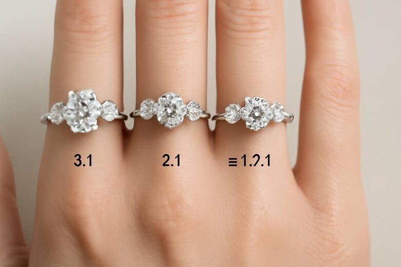 Image: Three-Stone Proportion Visual Guide - Side-by-side photography showing three different carat weight ratios (3:1, 2:1, and 1.7:1) on same hand size to demonstrate visual impact of proportion choices on overall ring appearance