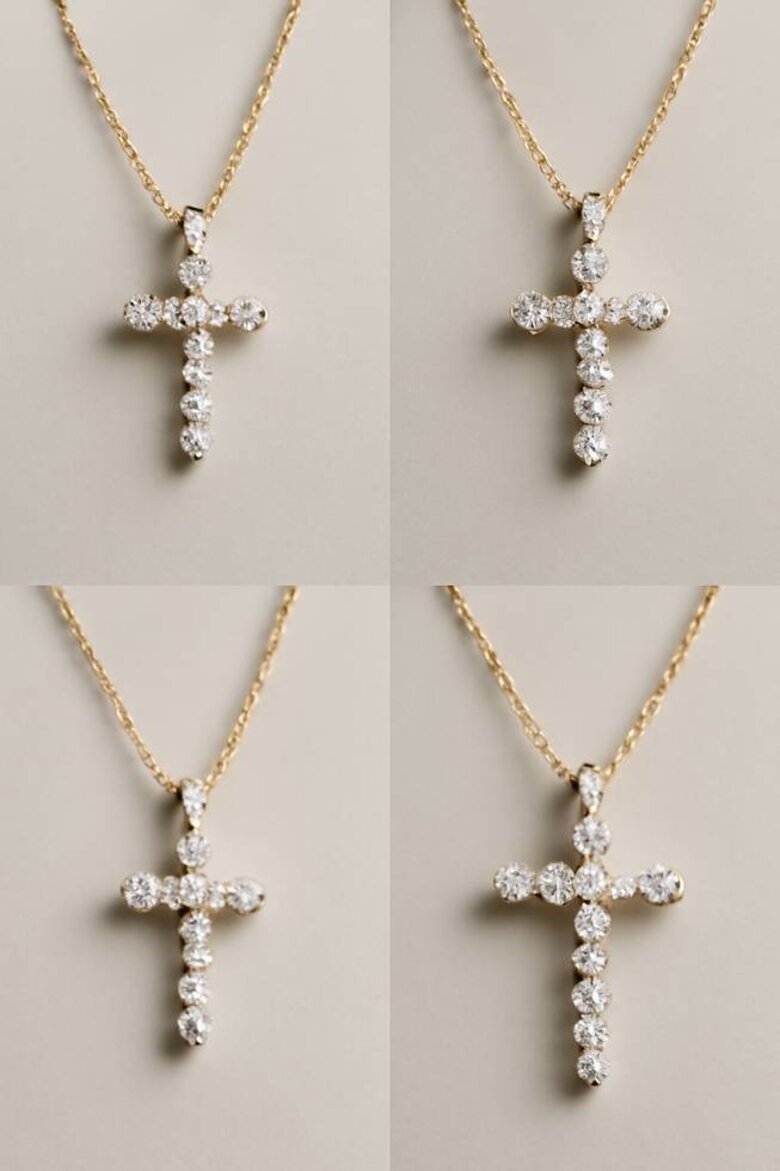 Image: Selena Gomez Style Cross Pendant Collection - Visual showcase of delicate, understated cross designs in 0.25-0.50 carat ranges with detailed close-ups showing sparkle and craftsmanship in various lighting conditions