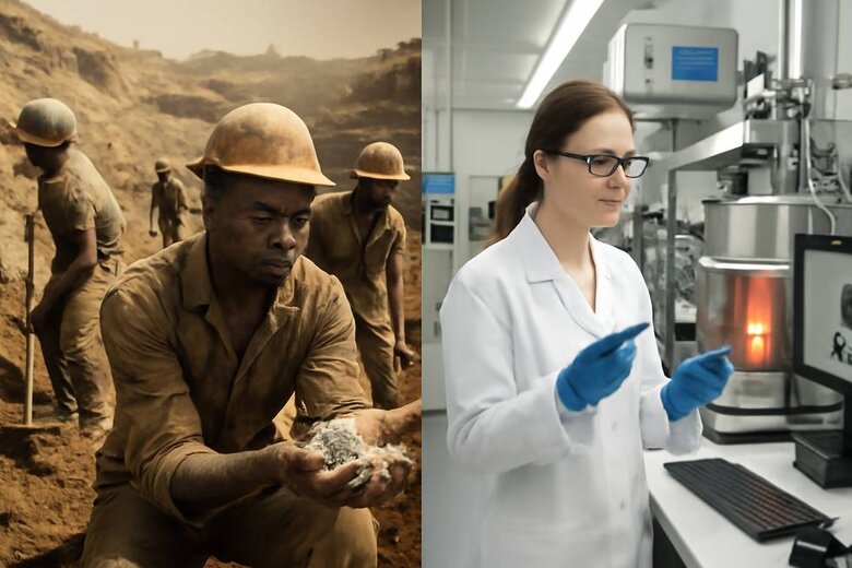 Image: Split-screen showing African diamond mine workers versus clean laboratory technicians growing diamonds - Ethical choice comparison