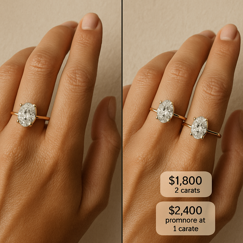 Split-screen showing celebrity oval engagement rings (Blake Lively, Hailey Bieber, Kourtney Kardashian) compared to identical-looking lab-grown alternatives with price tags displayed - Demonstrates immediate visual and financial accessibility of celebrity-inspired luxury