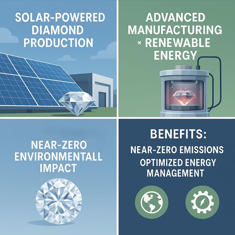 Image: Solar-Powered Diamond Facility - Aerial view of modern lab diamond production facility with extensive rooftop solar panel arrays, clean industrial architecture, and comparison showing compact footprint versus sprawling mining operation in background