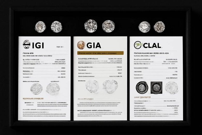 Image: Certification Report Comparison - Side-by-side view of IGI, GIA, and GCAL certificates for identical lab diamonds in brilliant and crushed ice cuts, highlighting different evaluation criteria and grade variations