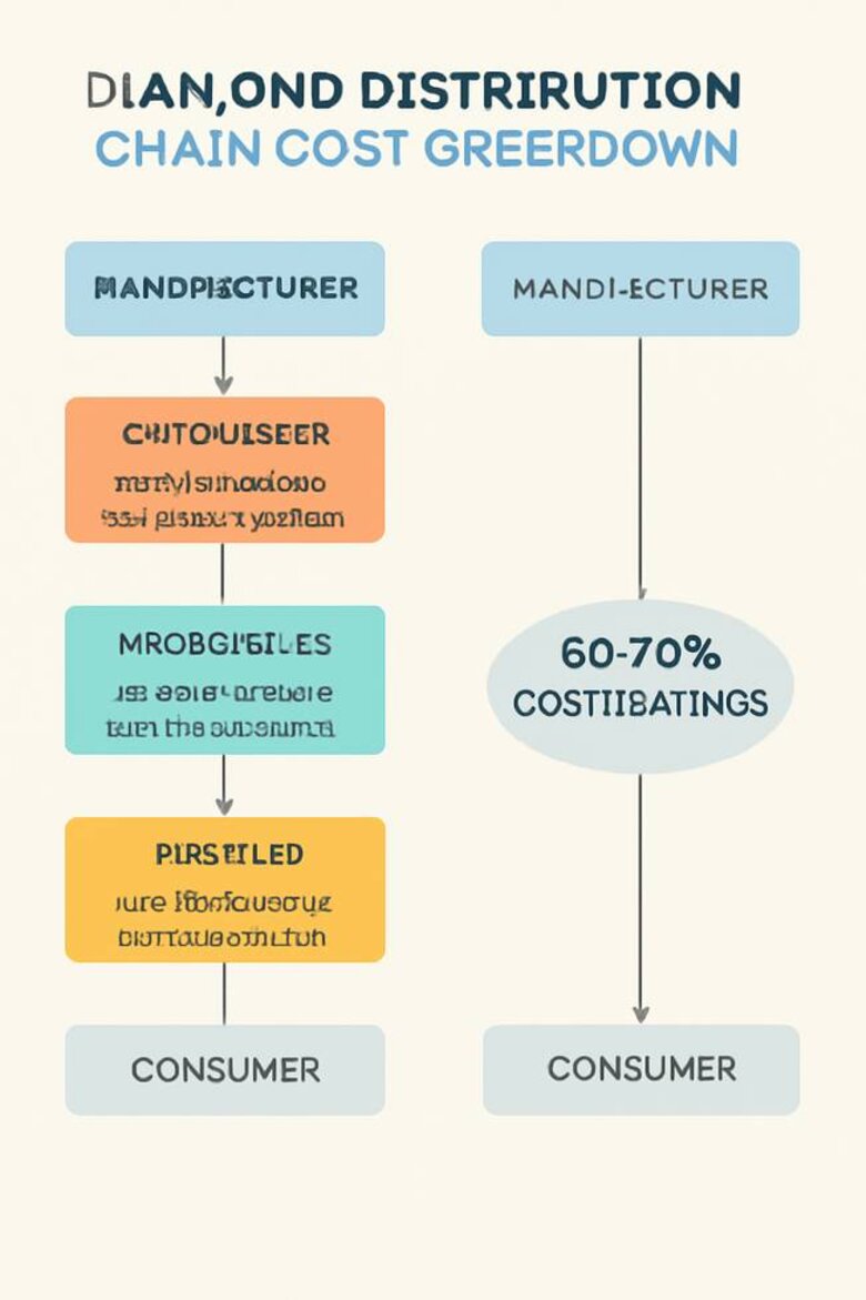 Infographic: Diamond Distribution Chain Cost Breakdown - Visual flowchart showing markup percentages from manufacturer to consumer across traditional vs direct channels