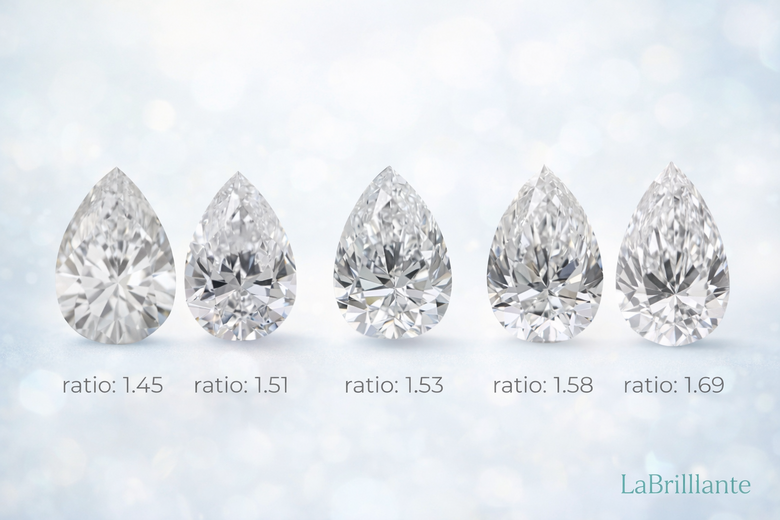 Bow-Tie Effect Comparison Series - Side-by-side photographs of three pear diamonds showing minimal, moderate, and severe bow-tie effects under identical lighting, with proportion specifications listed below each to demonstrate visual impact differences