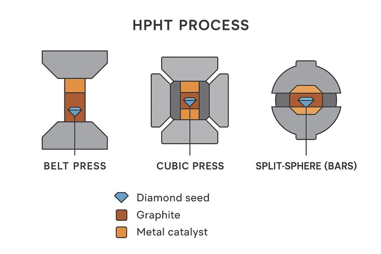 Image: HPHT Press System Cross-Section Diagram - Detailed technical illustration showing diamond seed placement, pressure application zones, temperature gradients, and catalyst positioning for complete process visualization