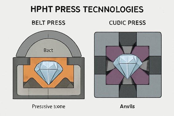 Image: HPHT Press Technology Comparison - Detailed cross-section diagram comparing belt press vs cubic press capabilities for large diamond production, showing pressure distribution patterns