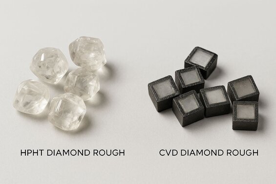 Image: HPHT vs CVD Diamond Comparison Under Magnification - Side-by-side crystal structure analysis revealing distinctive growth patterns