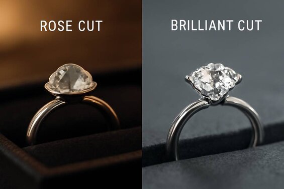 Image: Split-screen comparison of rose cut and brilliant cut lab diamonds showing facet structures, light patterns, and size differences in identical settings - Complete visual guide for choosing your perfect diamond cut