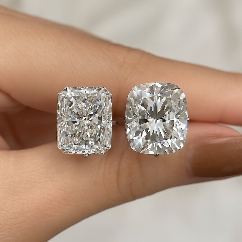 Image: Shape-Specific Cut Style Comparison - Visual grid showing cushion, radiant, oval, and pear shapes in both brilliant and crushed ice patterns, highlighting how each shape responds to different cutting approaches