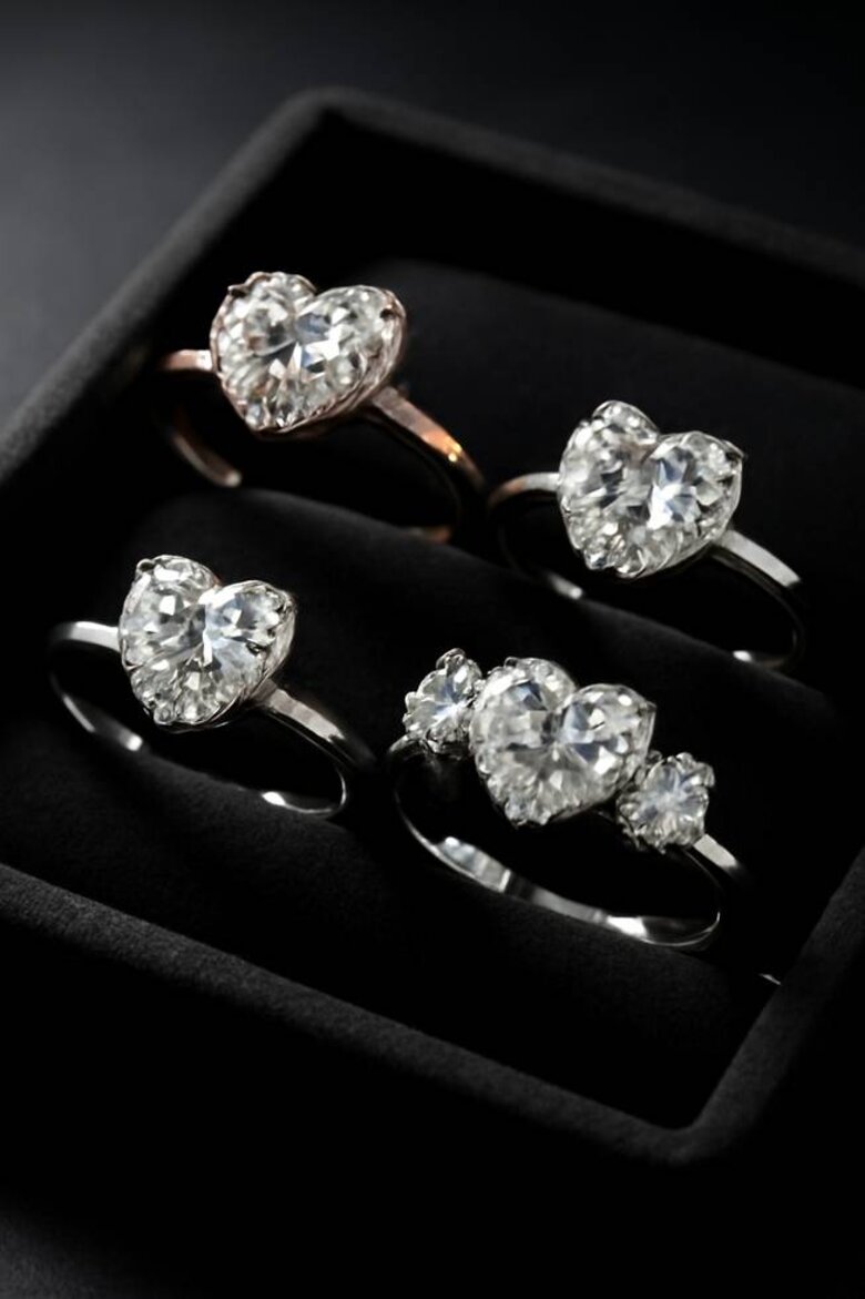 Image: Stunning Heart-Shaped Lab Diamond Engagement Ring Collection - Close-up showcase of various heart diamond rings in solitaire, halo, and three-stone settings across white gold, rose gold, and platinum, displaying size range from 1.0ct to 2.5ct with dramatic lighting highlighting brilliance and romantic symbolism