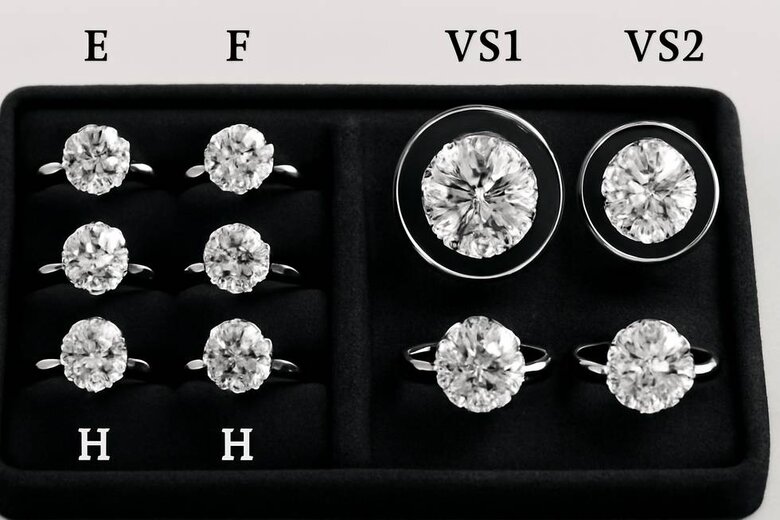 Image: Diamond Color and Clarity Grading Visual Scale - Shows EF color grades compared to lower grades in both white and yellow gold settings, plus VS clarity inclusion examples under magnification