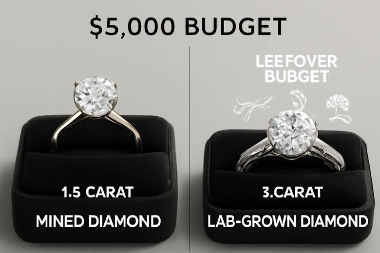 Image: Split-screen budget allocation infographic showing $5,000 engagement ring budget: left side shows 1.5-carat mined diamond with basic setting, right side shows 3-carat lab-grown diamond with premium setting plus leftover budget for wedding/honeymoon extras - Visualizes complete financial advantage
