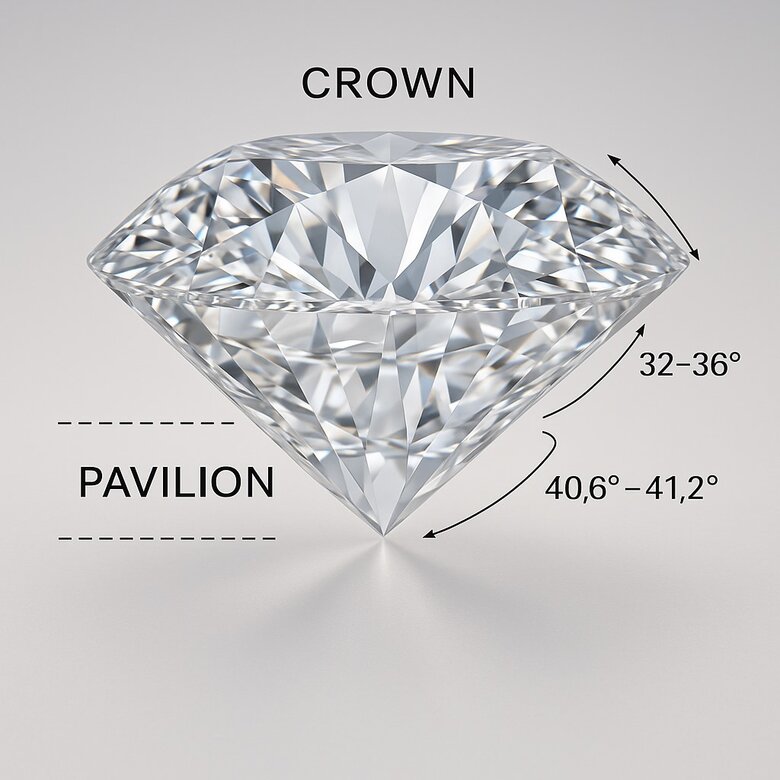 Image: Diamond Cross-Section Showing Crown and Pavilion Angles - Visual demonstration of how light enters through crown and reflects back through pavilion for optimal brilliance