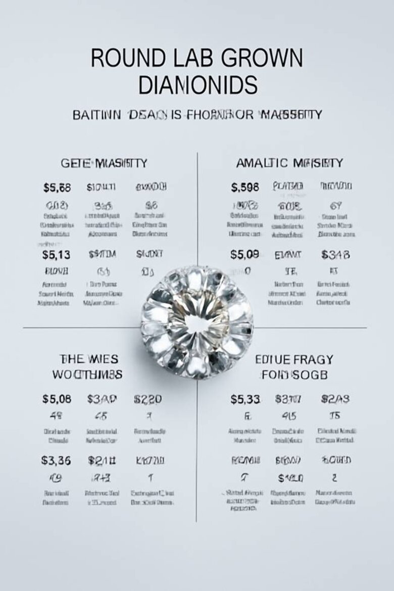 Infographic: Budget Optimization Decision Matrix for Round Lab-Grown Diamonds - Four-quadrant diagram organizing buyer priorities (Size Priority, Quality Priority, Balance Strategy, Investment Approach) with recommended color/clarity/carat combinations for $2,000, $3,500, $5,000, and $7,500 budgets showing exact specifications and expected outcomes for each strategy - Provides personalized guidance based on individual priorities