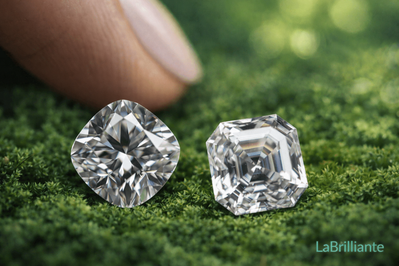 Asscher Cut Octagonal Shape Structure - Visual breakdown showing eight-sided geometry, truncated corners, step-cut facet arrangement, and light path demonstration to illustrate unique architectural elements