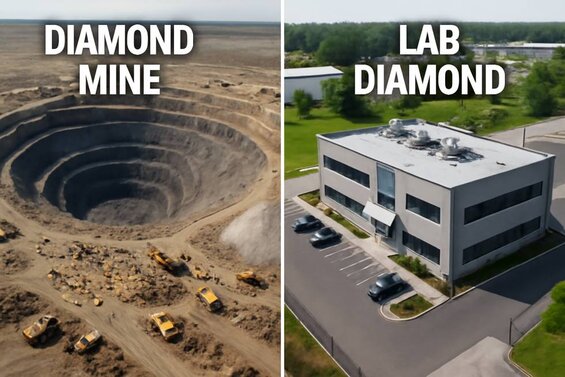 Image: Side-by-Side Aerial Comparison of Diamond Mine vs Lab Facility - Shows massive open pit mine requiring thousands of workers versus compact manufacturing facility, highlighting infrastructure efficiency