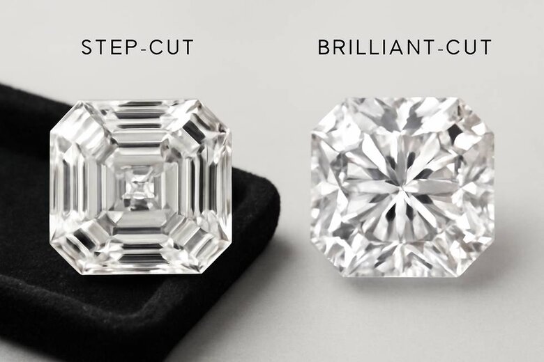 Image: Clarity Impact on Step-Cut Facets - Side-by-side comparison showing how inclusions appear in step-cut versus brilliant-cut diamonds, with magnified views demonstrating why VS2 minimum is essential for Asscher cuts