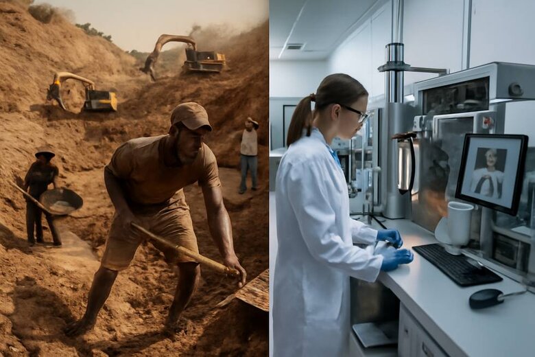 Image: Side-by-side comparison of traditional diamond mine vs modern laboratory facility - Visual demonstration of stark contrast between mining conditions and controlled lab environment