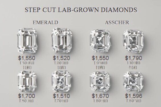 Image: Step Cut Lab Diamond Comparison Chart - Shows emerald vs Asscher cuts in various clarity grades with pricing breakdown and quality specifications for informed purchasing decisions