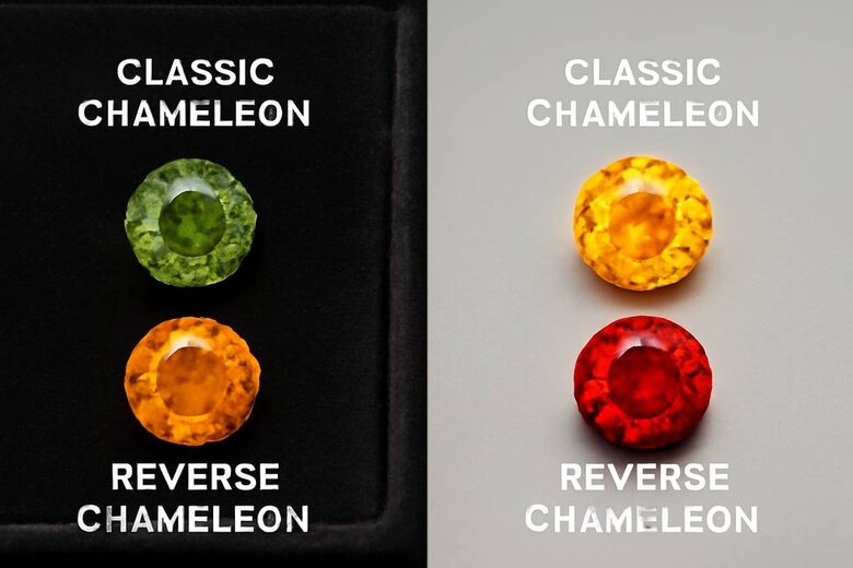 Image: Before and After Color Transformation Photos of Classic and Reverse Chameleon Diamonds - Demonstrates the visual difference between both types, showing actual color changes side by side