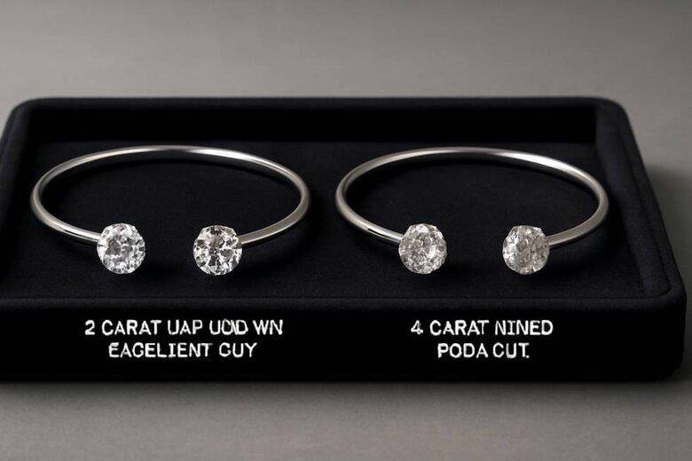 Image: Side-by-side comparison of 2-carat excellent cut lab-grown cuff vs 4-carat poor cut mined cuff under professional lighting - Demonstrates how superior cut quality creates more brilliance than higher carat weight