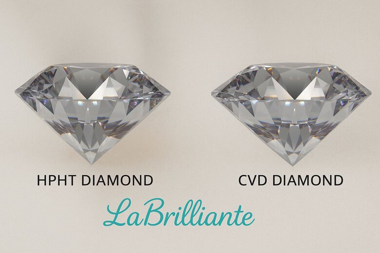 Image: Cross-section diagram showing strain patterns in CVD diamond versus metallic inclusions in HPHT diamond under 40x magnification - Enables visual identification of cloudiness types during diamond selection
