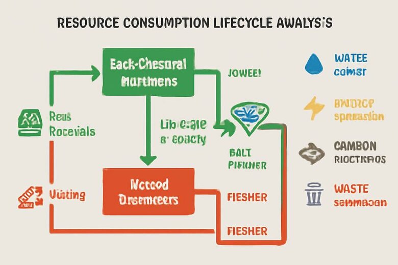 Infographic: Resource Consumption Lifecycle Analysis - Comprehensive flow chart showing water usage, energy consumption, carbon emissions, and waste generation from raw materials to finished diamond for both lab and mined production methods