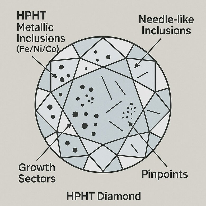 Image: HPHT Metallic Inclusion Microscope View - Visual identification guide showing dark metallic spots and needle-like formations under 10x magnification for buyer recognition