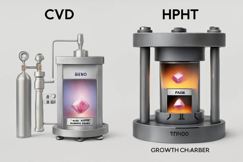 Image: CVD vs HPHT Laboratory Process Comparison - Side-by-side visualization of both creation methods showing equipment and growth patterns for informed purchasing decisions