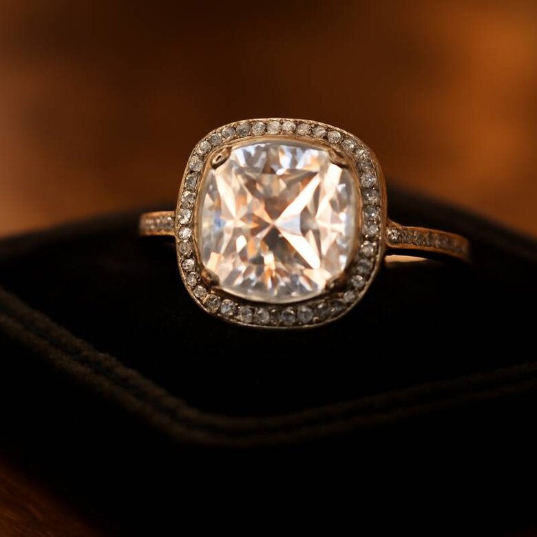 Image: Cushion Cut Lab Diamond in Vintage Halo Setting with Candlelight Fire Dispersion - Demonstrates the characteristic broad flashes of spectral color that define cushion cut optical personality, showing how larger facets create romantic glow distinguishing cushions from modern round brilliants