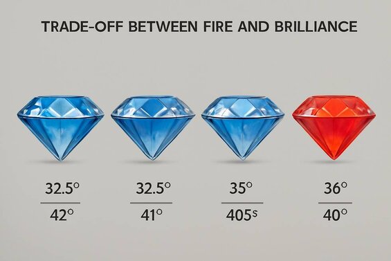 Image: Fire vs Brilliance Trade-off Diagram - Visual demonstration of how different crown and pavilion angle combinations affect light dispersion and brilliance intensity