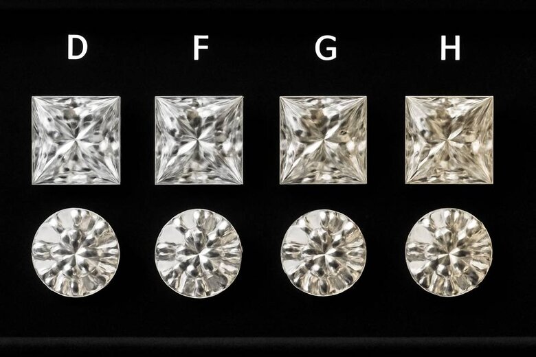 Image: Princess Cut Color Concentration Visualization - Side-by-side comparison showing how color appears in princess cut corners versus round diamond edges across D, F, G, and H grades