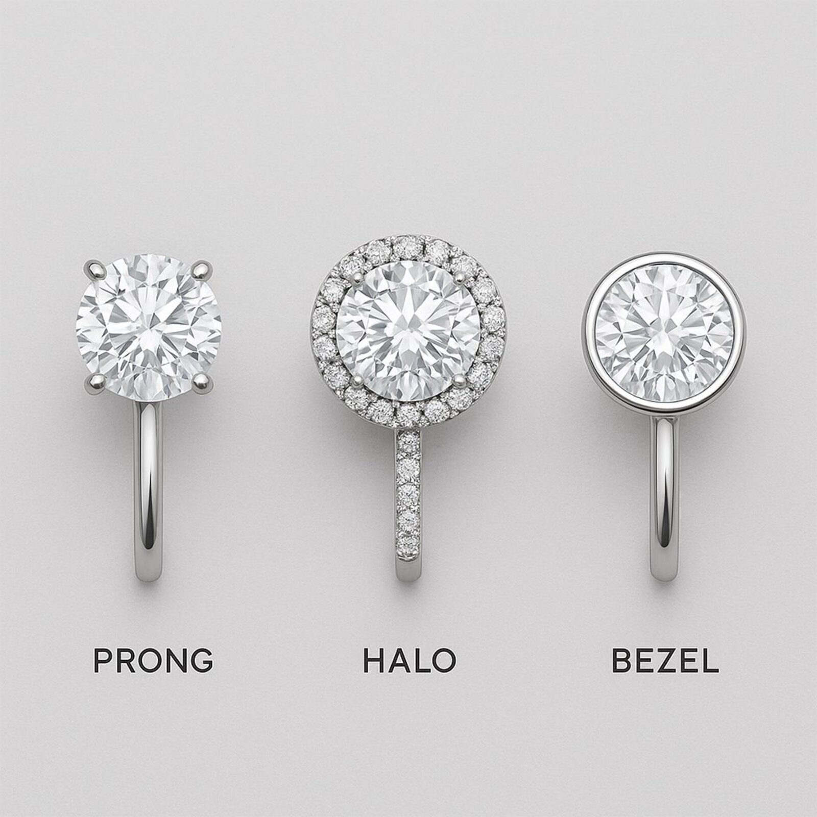 the same carat weight diamond in prong vs. halo vs. bezel settings